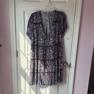 Floral V-Neck Short Sleeve Women's Dress - Black with Pink & Blue Flowers